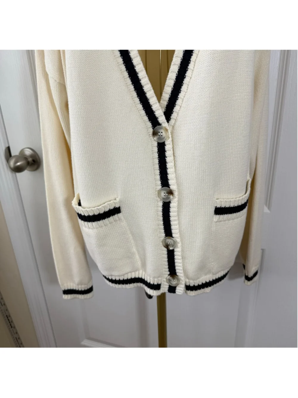 Women's Bobeau Tennis Cardigan Sweater Size L Beige Black